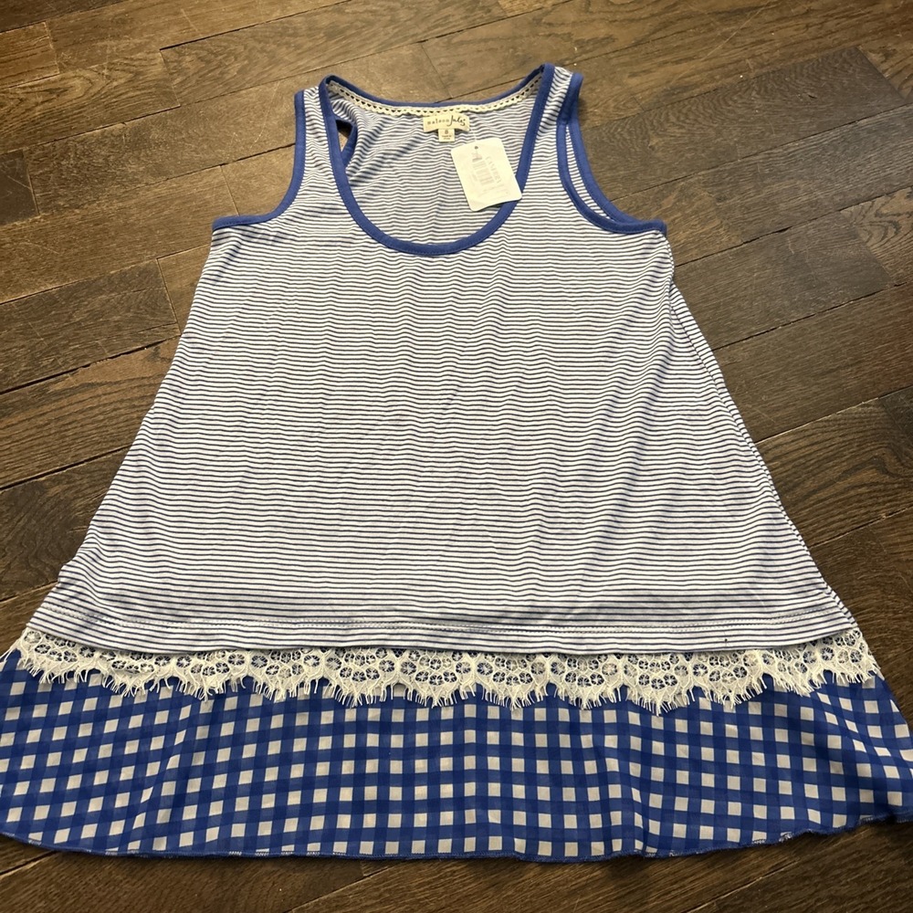 Maison Jules sleeveless knit tank top blue stripes gingham ruffle size Small NWT